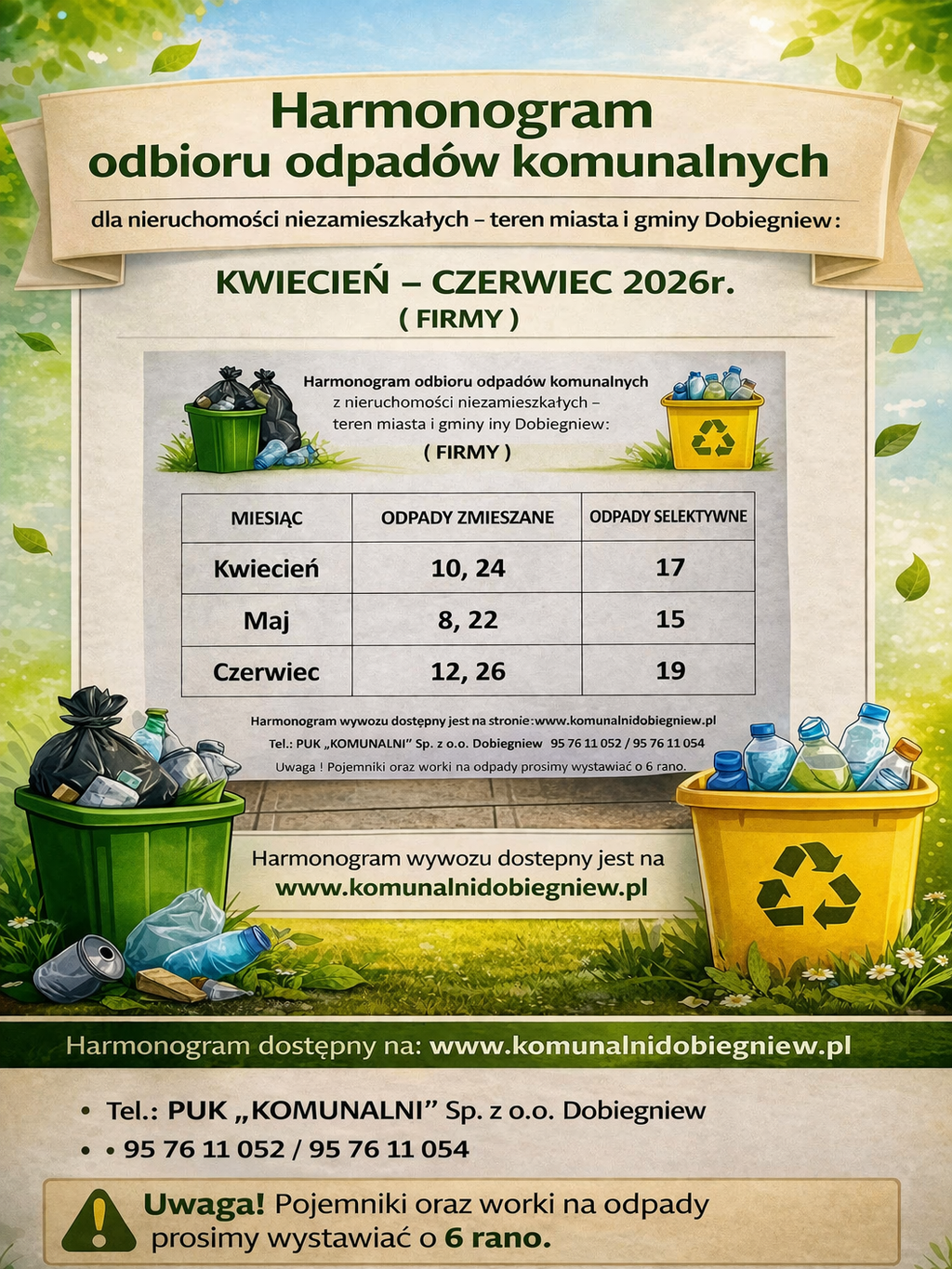 Harmonogramu odbioru odpadów z nieruchomości niezamieszkałych ( FIRMY ) na KWIECIEŃ – CZERWIEC 2026r.